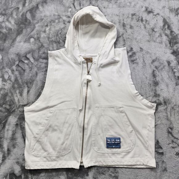 Vintage 90s BUM Equipment Hoodie Mens M White Full Zip Crop Sleeveless Pockets - Picture 1 of 11